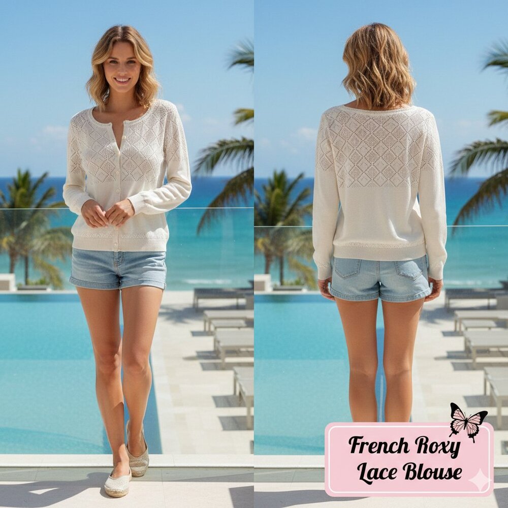 French Roxy Women L Lace Blouse Button L/S 100% Cotton Cream Romantic Fairy Twee